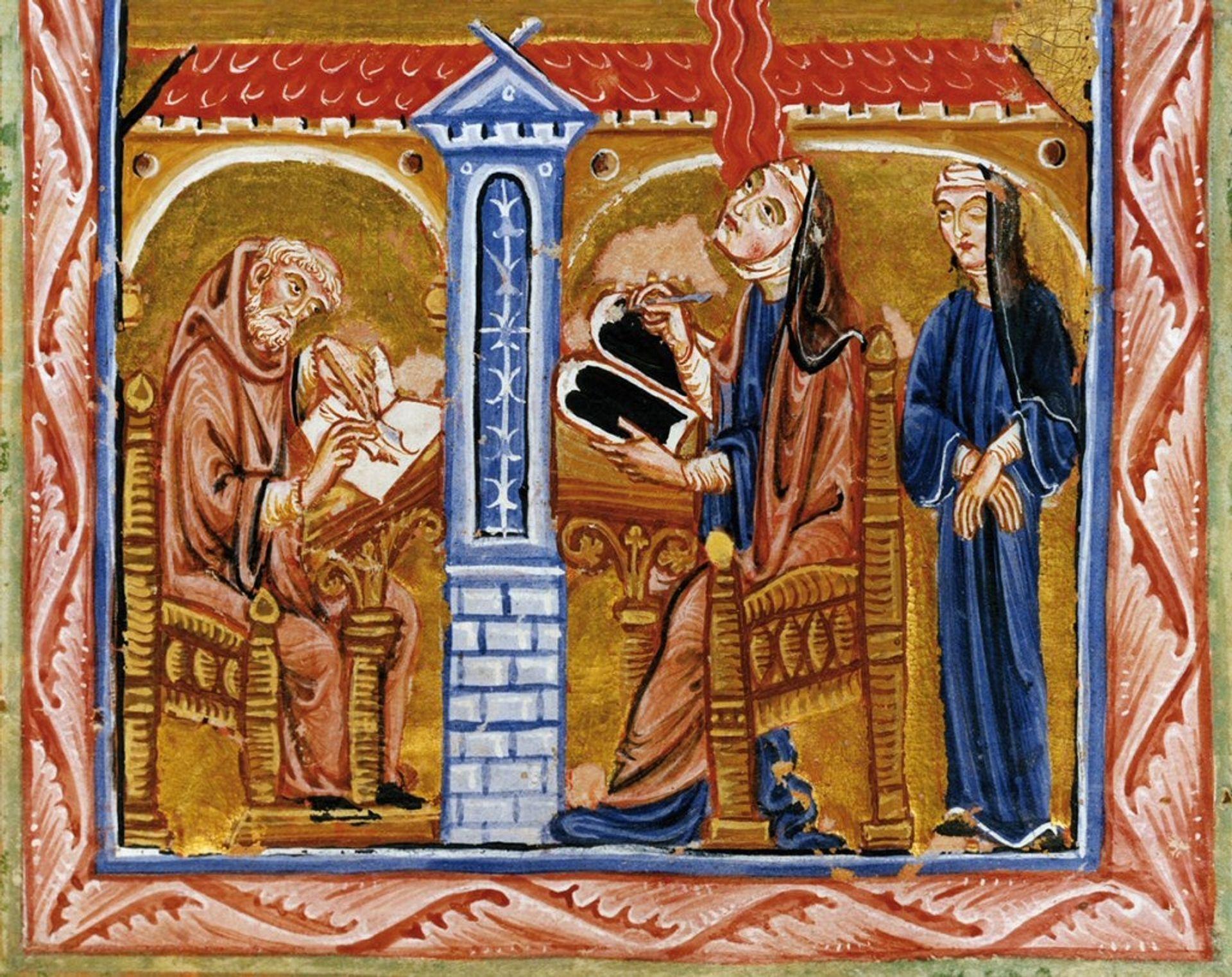 miniature du Rupertsberger Codex du Liber Scivias, vers 1175, représente Hildegarde recevant l'inspiration et écrivant.